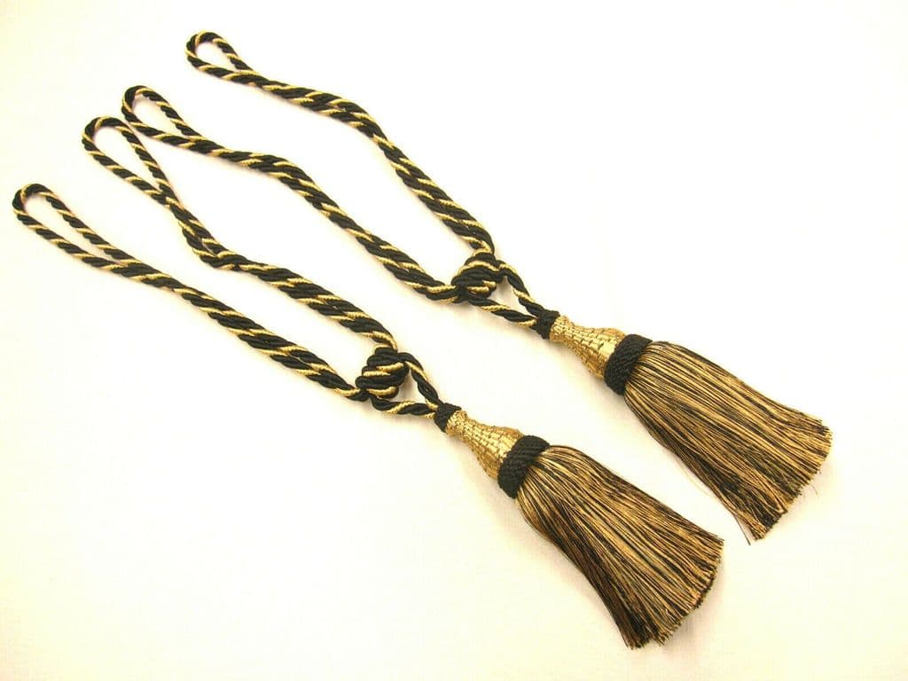 2 Attaches Rideaux à Pompons Bleu Et Or – Style Country Vintage, Corde En Bois